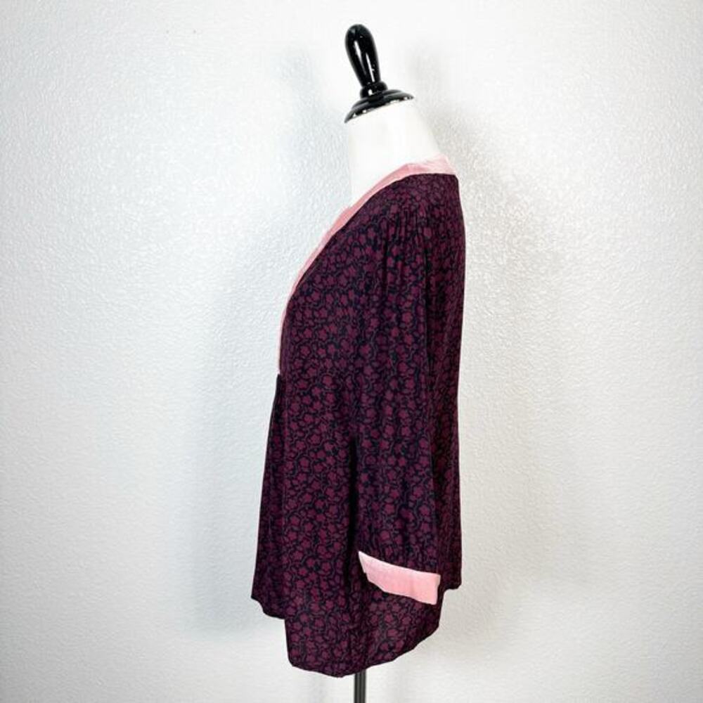 Boden Womens Annabelle Velvet Trim Split‎ Neck Blouse Top Burgundy Floral Size 8 - Picture 5 of 13
